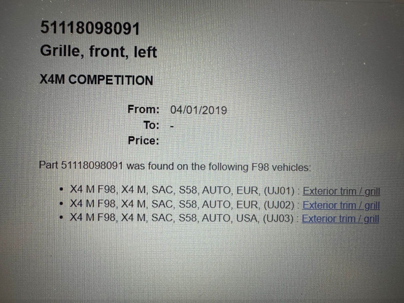 BMW X4 (F98) M COMPETITION KÜHLER GRILL SCHWARZ LINKS 51118098091 FAST NEU TEST. - Obrázek 6