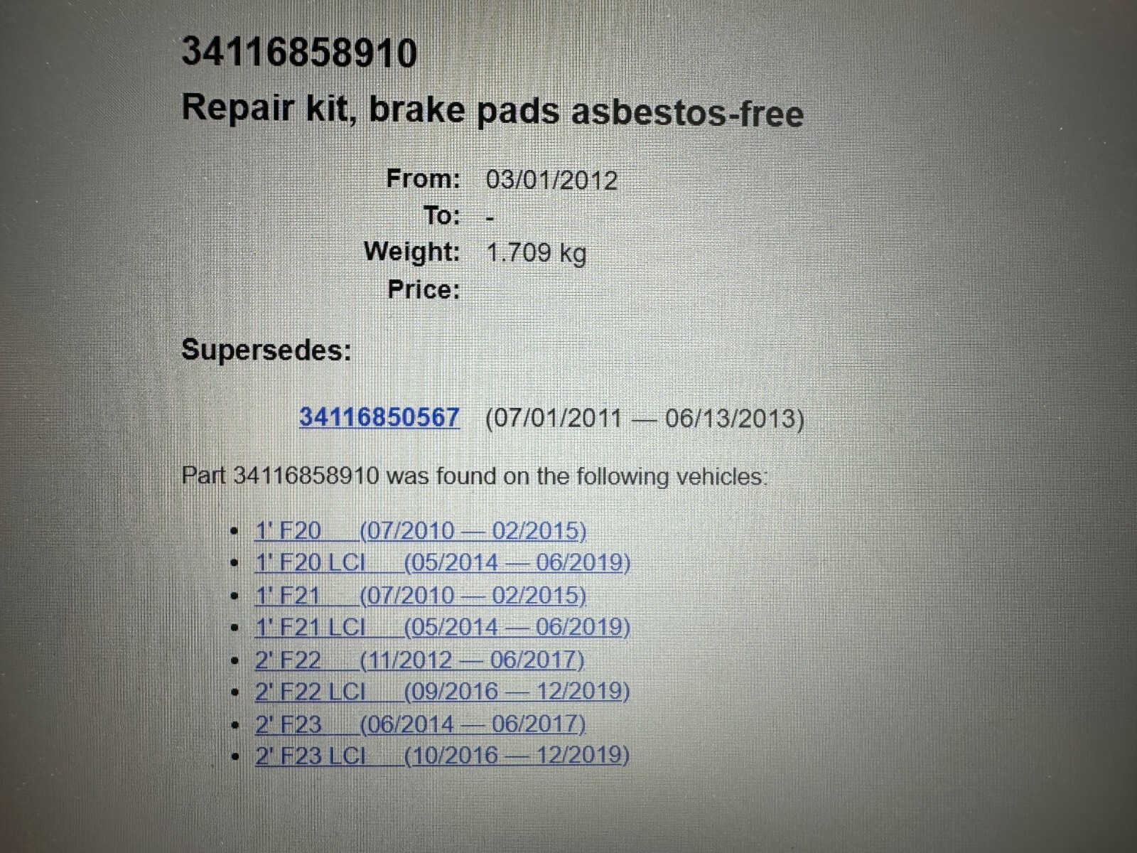 BMW 1, 2 BREMSBELÄGE BRAKE PADS 34116858910 34116850567 ORIG.BMW PARTS - Obrázek 11