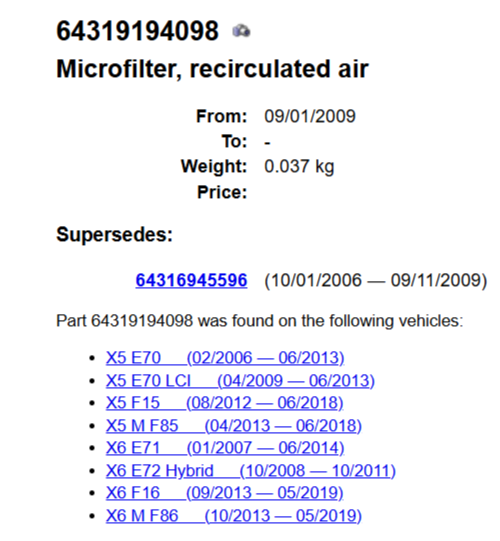 BMW X5 X6 E70,E71,E72, F85,F86..POLLENFILTER 64319194098 , 64 31 9 194 098 ORIG - Obrázek 5