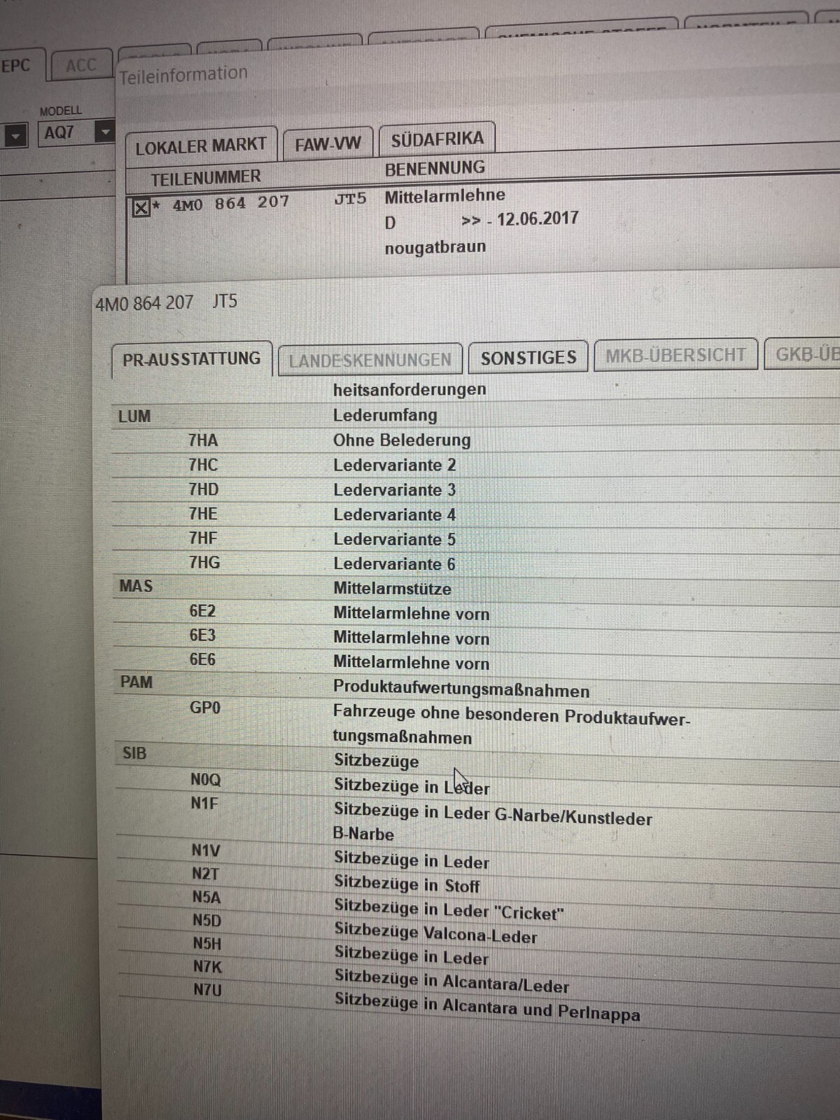 AUDI Q7 4M MITTELARMLEHNE NOUGATBRAUN KUNSTLEDER 2-TEILIG 4M0864207 JT5 ORIGINAL - Obrázek 13
